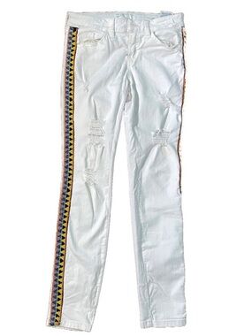 GUESS White Distressed Skinny Jeans with Beaded Tribal Side Stripe